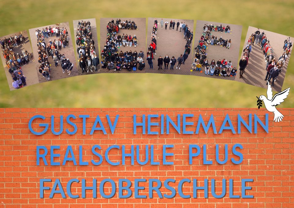 Bild mit der Aufschrift „Frieden“ und „Gustav-Heinemann-Realschule plus und Fachoberschule